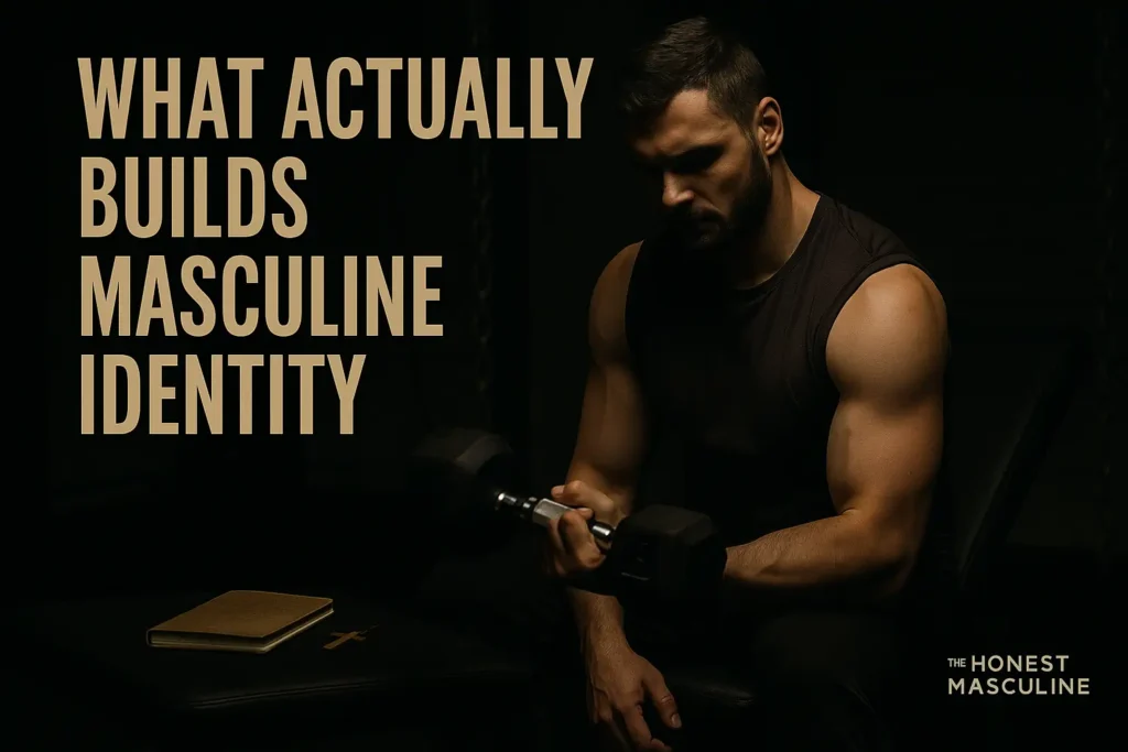 What Actually Builds Masculine Identity — a man training in a dim gym with a journal and cross beside him, symbolizing purpose, standards, brotherhood, and legacy.