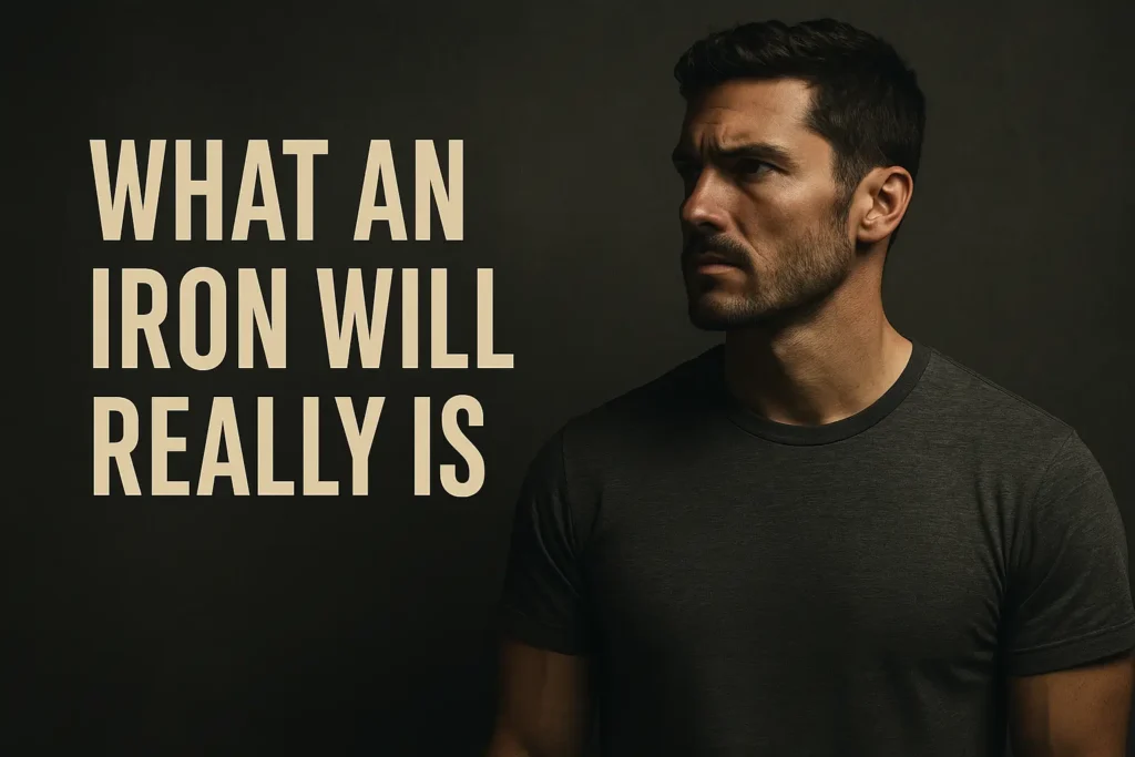 What an Iron Will Really Is — A determined man with sharp features and intense focus stares forward under moody lighting, symbolizing discipline, mental toughness, and masculine strength.