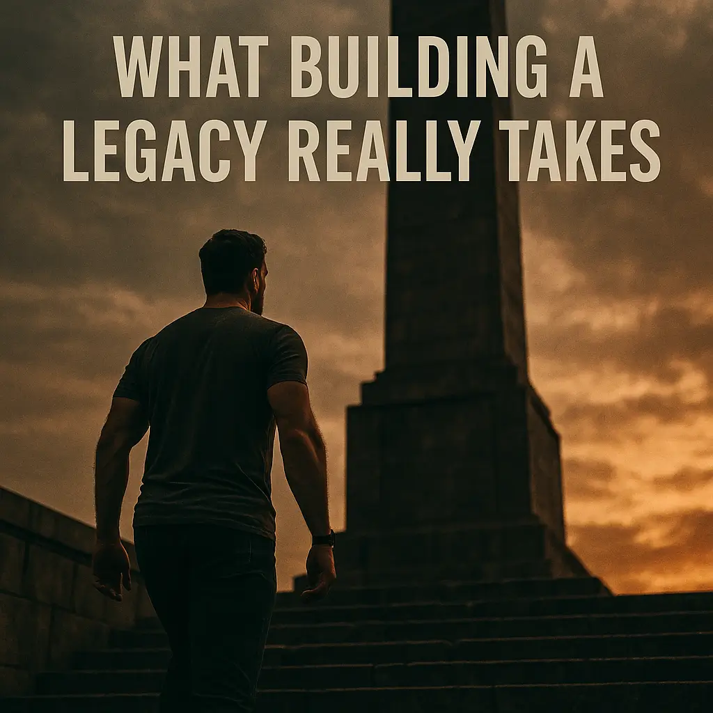 What Building a Legacy Really Takes — a man climbing stone steps toward a monument at sunrise, symbolizing vision, discipline, sacrifice, and impact.