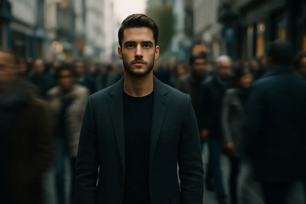 A man stands calm in a crowded street, symbolizing what masculine detachment really is.