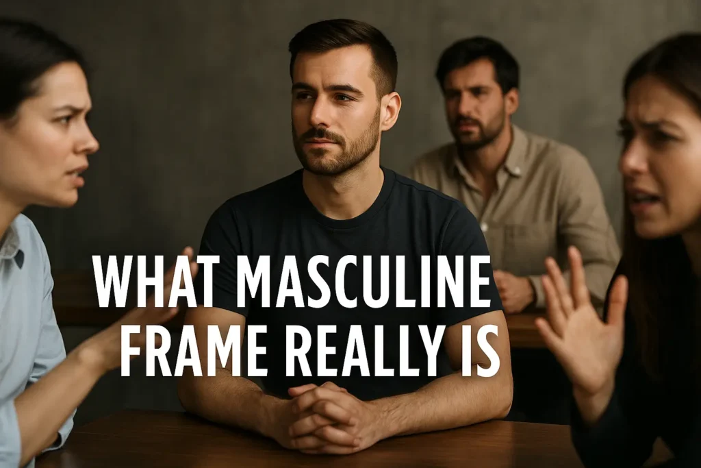 A man stays calm and composed in a tense situation while others around him show emotion, symbolizing masculine frame under pressure.