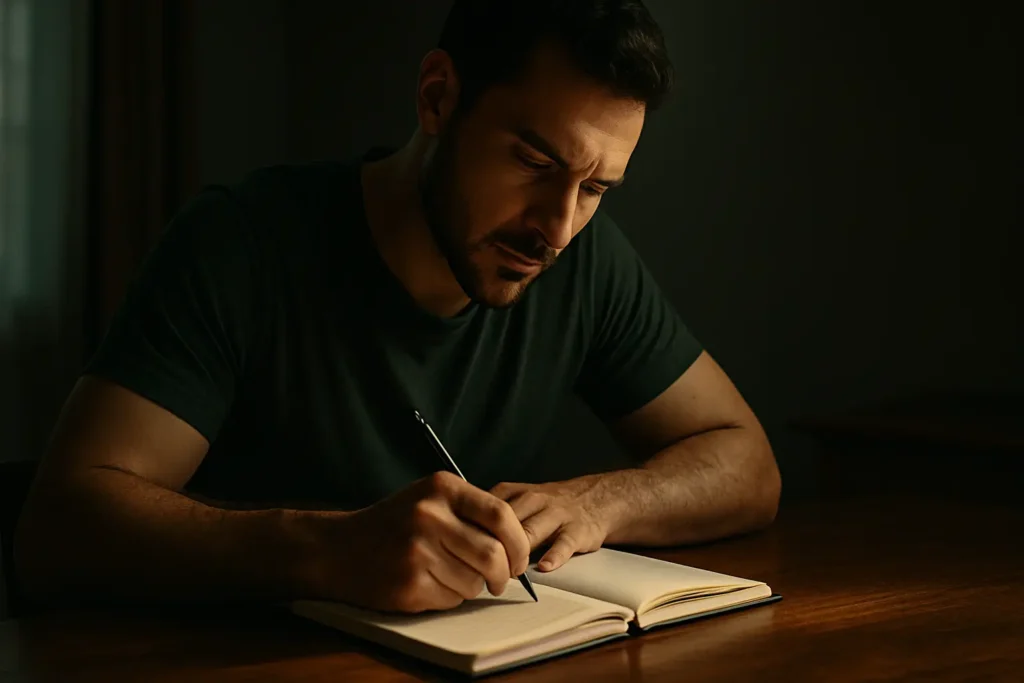 A man writes in a journal with calm focus, symbolizing what self-respect really means.