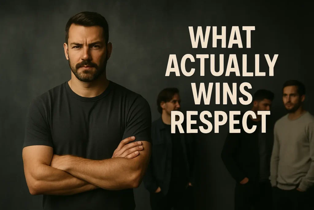 A confident man stands with arms crossed in front of a muted group, symbolizing what actually wins respect.