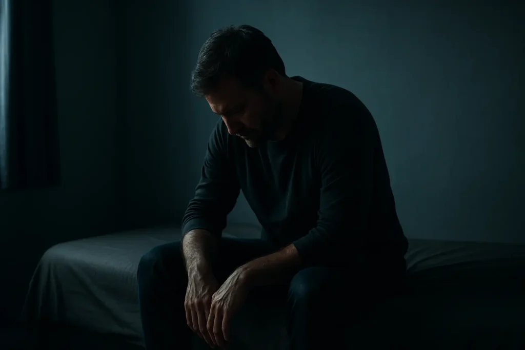 A man sits slouched on the edge of his bed in a dark room, symbolizing when masculine detachment becomes cowardice.