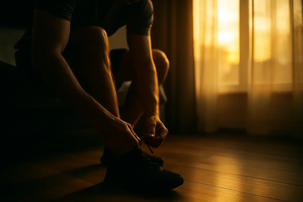 Why Habits Build Identity, Not Goals — a man lacing up his running shoes at sunrise, symbolizing consistent daily habits that build masculine identity.