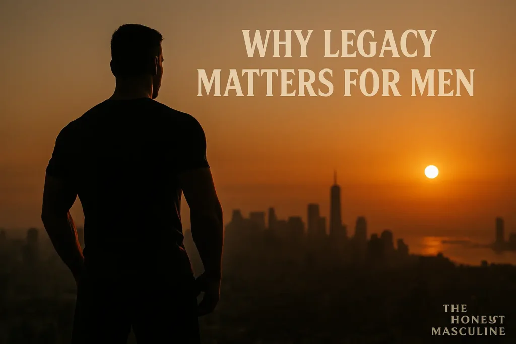 Why  Masculine Legacy Matters for Men — a man standing tall over a city skyline at sunrise, symbolizing vision, impact, and masculine legacy.