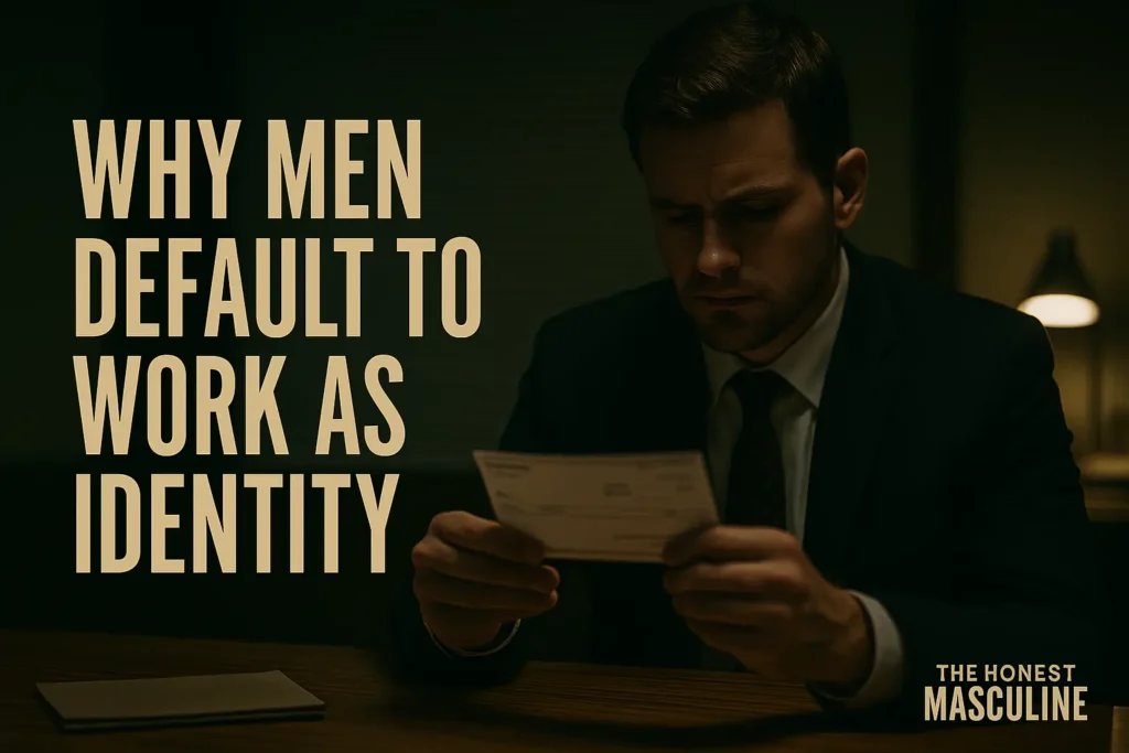 Why Men Default to Work as Identity — a man in a suit staring at his paycheck in a dimly lit office, symbolizing how men tie masculine identity to external validation from work.
