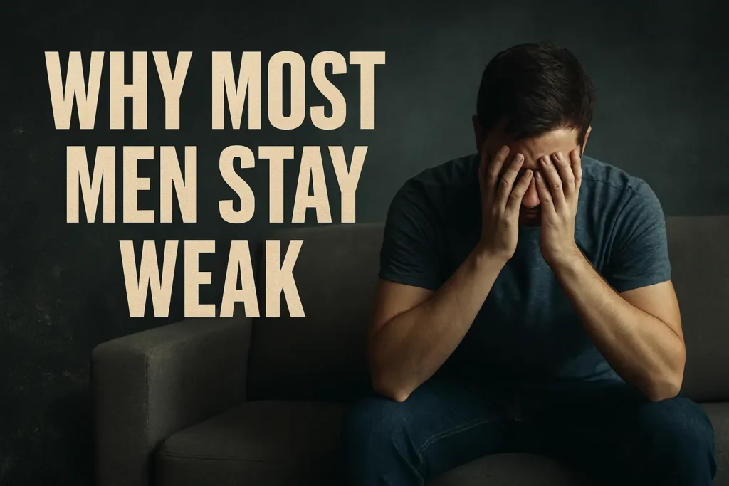 The Enemies of Willpower — A man sits in shadows with his face buried in his hands, symbolizing excuses, comfort, distraction, and isolation that weaken masculine willpower.
