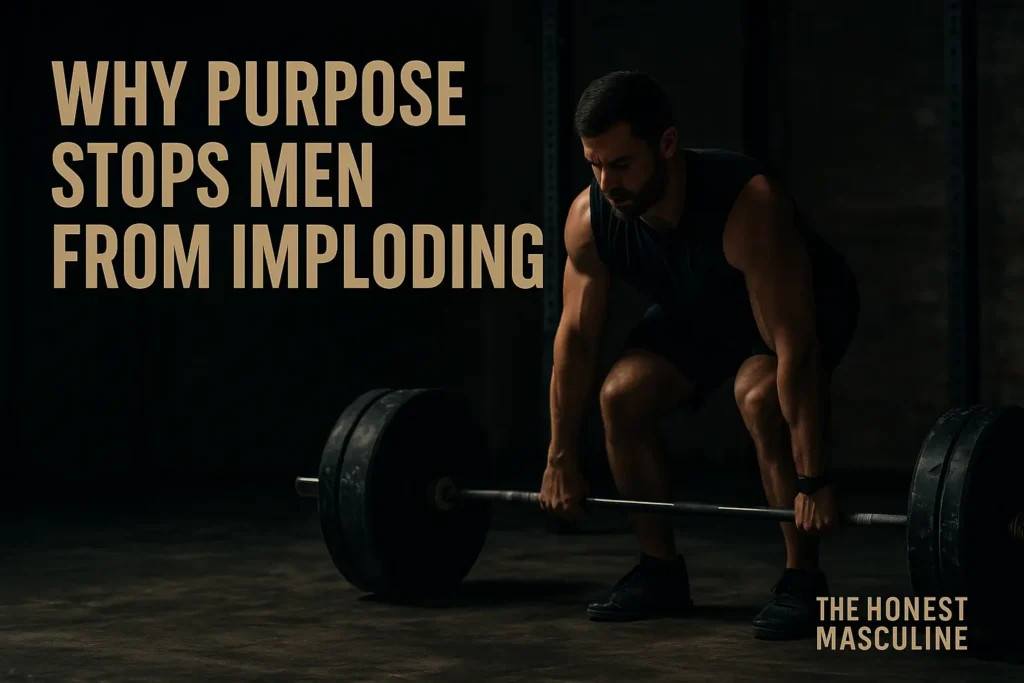 Why Purpose Stops Men From Imploding — a man training alone in a gritty gym, symbolizing resilience and strength built through purpose. Men without purpose