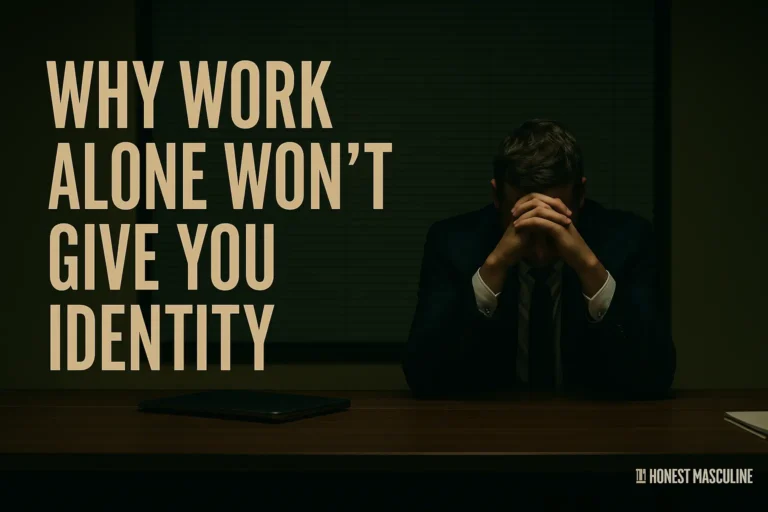 Why Work Alone Won’t Give You Identity — a man in a suit sitting at an empty office desk with his head in his hands, symbolizing burnout and fragile identity tied to work.