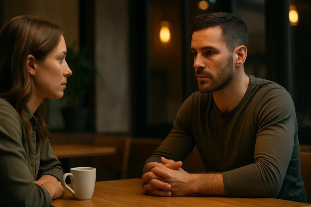 A man speaks calmly at a café table while a woman listens attentively, symbolizing strong male vulnerability.