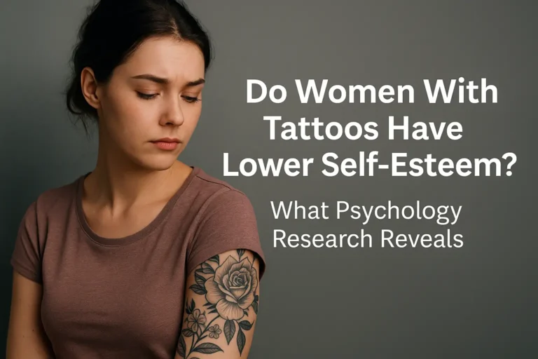 A young woman with a tattoo on her arm looks down thoughtfully against a gray background, symbolizing self-esteem and identity. Text overlay reads: “Do Women With Tattoos Have Lower Self-Esteem? What Psychology Research Reveals