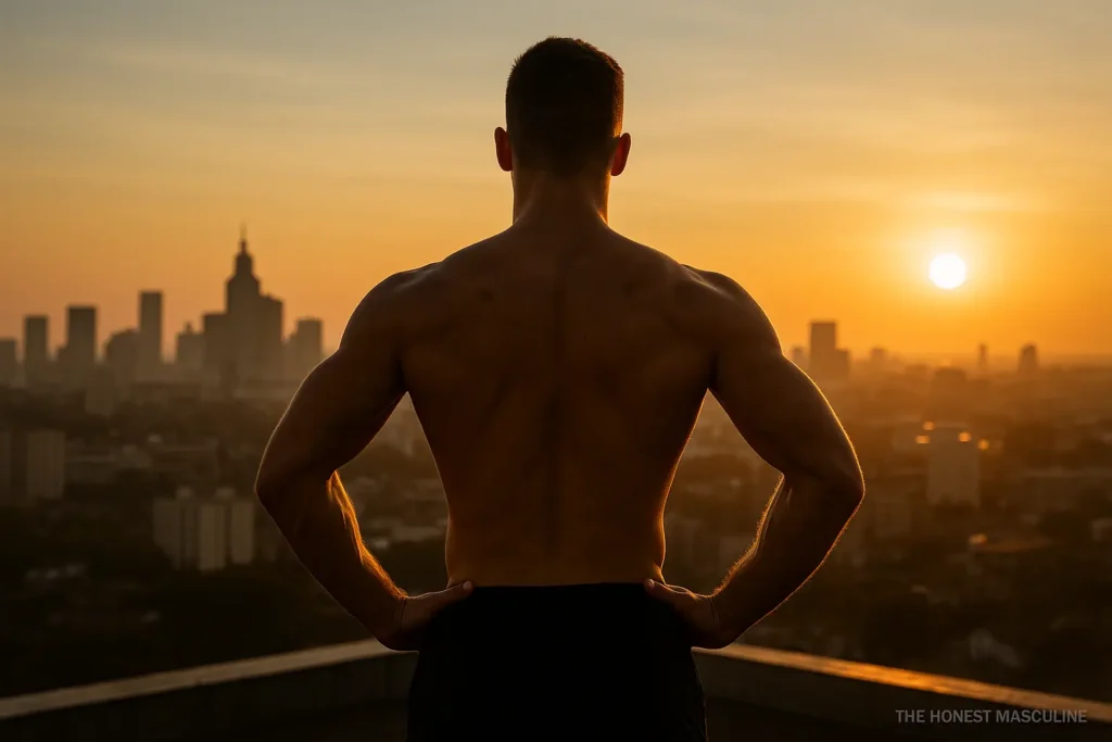 30-Day Masculine Reset Challenge. A shirtless man standing tall on a rooftop at sunrise, overlooking the city skyline with hands on his hips, symbolizing discipline, clarity, and masculine renewal.