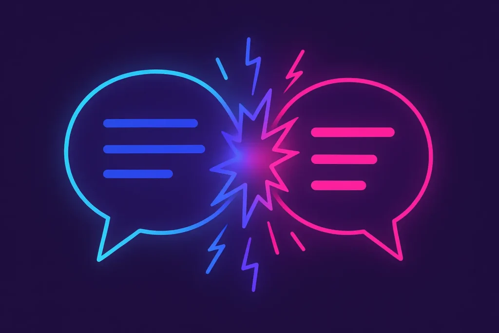 Two neon speech bubbles colliding in purple and pink glow — symbolizing unfiltered AI conversations on SpicyChat.AI.