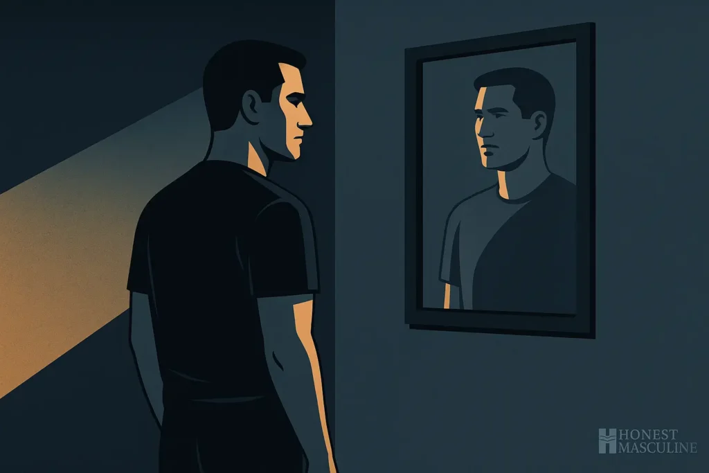 Building Self-Control When No One’s Watching. Man standing alone in a dimly lit room facing his reflection, symbolizing masculine self-control and discipline in private moments.