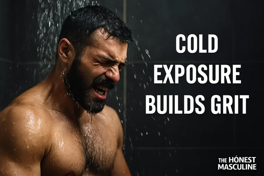 A muscular man under a cold shower, face tense with focus, symbolizing grit and resilience as part of masculine morning rules.