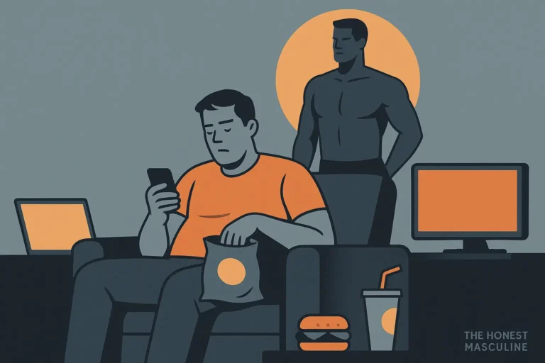 Comfort Is Killing Your Potential. Man lounging on a couch surrounded by glowing screens and distractions, while a stronger shadow version of himself stands behind him, symbolizing how comfort kills masculine potential.