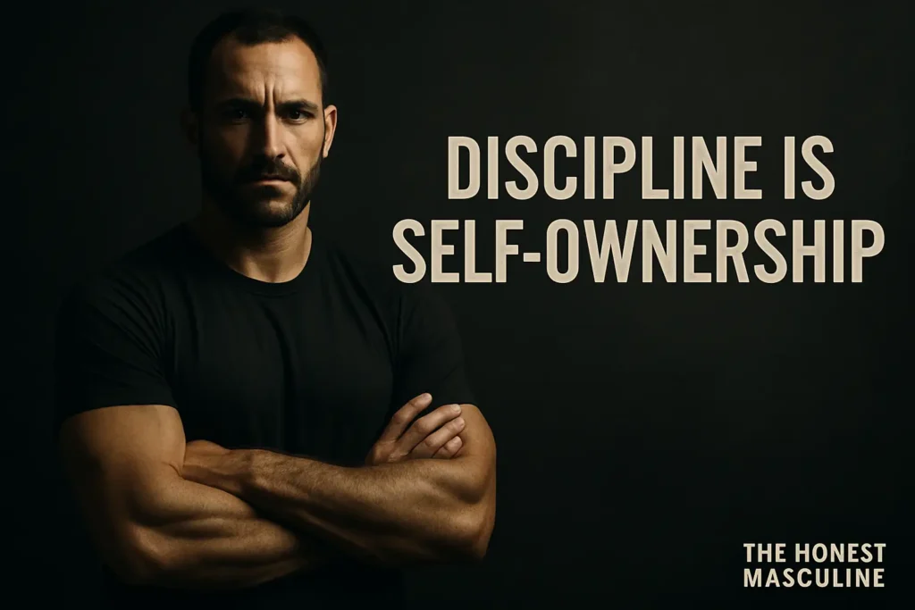 Discipline Is Masculinity. A strong man with arms crossed, standing in moody lighting with bold text ‘Discipline Is Self-Ownership,’ symbolizing masculine self-control.