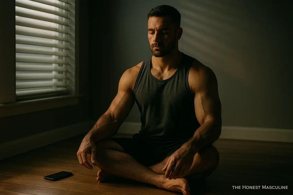 Dopamine Discipline. A muscular man meditating alone at dawn, surrounded by quiet light, symbolizing masculine control and discipline over dopamine addiction.