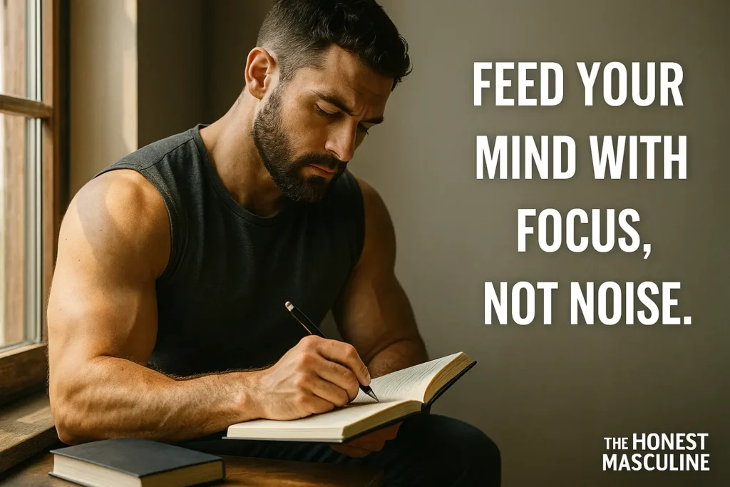 A muscular man journaling by a sunlit window, symbolizing feeding the mind with focus instead of distraction as part of masculine morning rules.