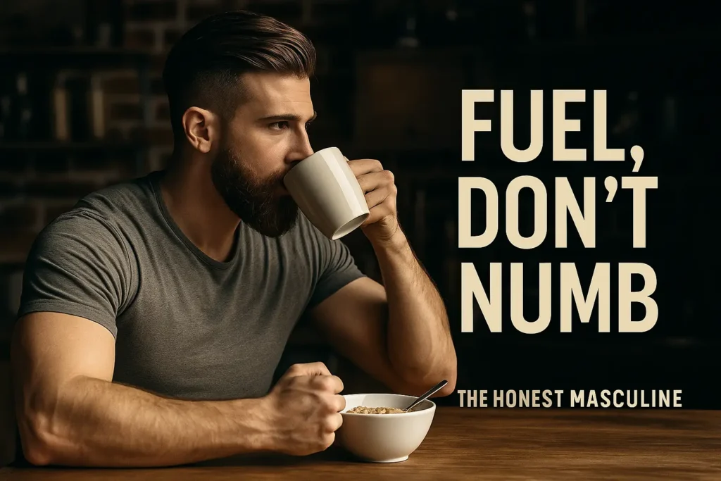 A muscular man in a rustic kitchen drinking from a mug while eating a healthy breakfast, symbolizing intentional fueling as part of masculine morning rules.