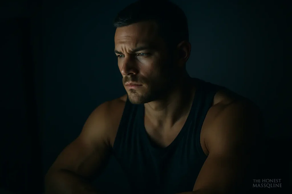 Dopamine Discipline. A muscular man sitting in a dim room lit by the glow of a computer screen, his face half in shadow, symbolizing awareness and addiction to dopamine.