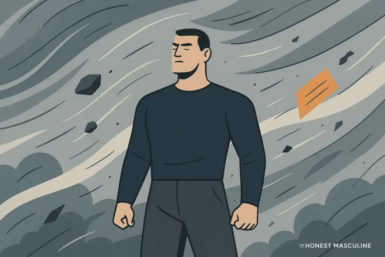 How to Become Mentally Indestructible. Stoic man standing firmly in the middle of a storm, symbolizing mental strength, calm, and masculine resilience against chaos.