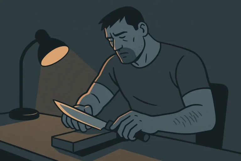 How to Stay Sharp When You’re Tired of the Grind. Man sharpening a blade late at night, symbolizing masculine focus, endurance, and staying sharp through exhaustion.