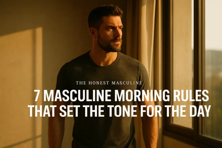 A muscular man waking up at dawn and reaching to turn off an alarm clock, symbolizing discipline in a masculine morning routine.