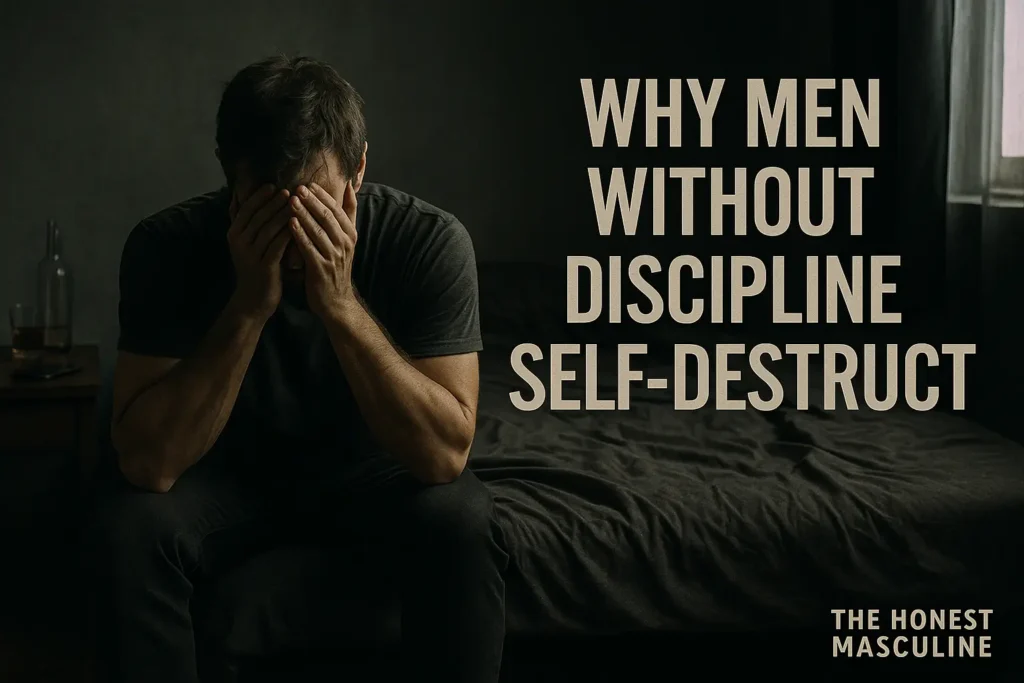 Discipline Is Masculinity. A man sitting hunched on a messy bed with his head in his hands, symbolizing how men without discipline eventually self-destruct.