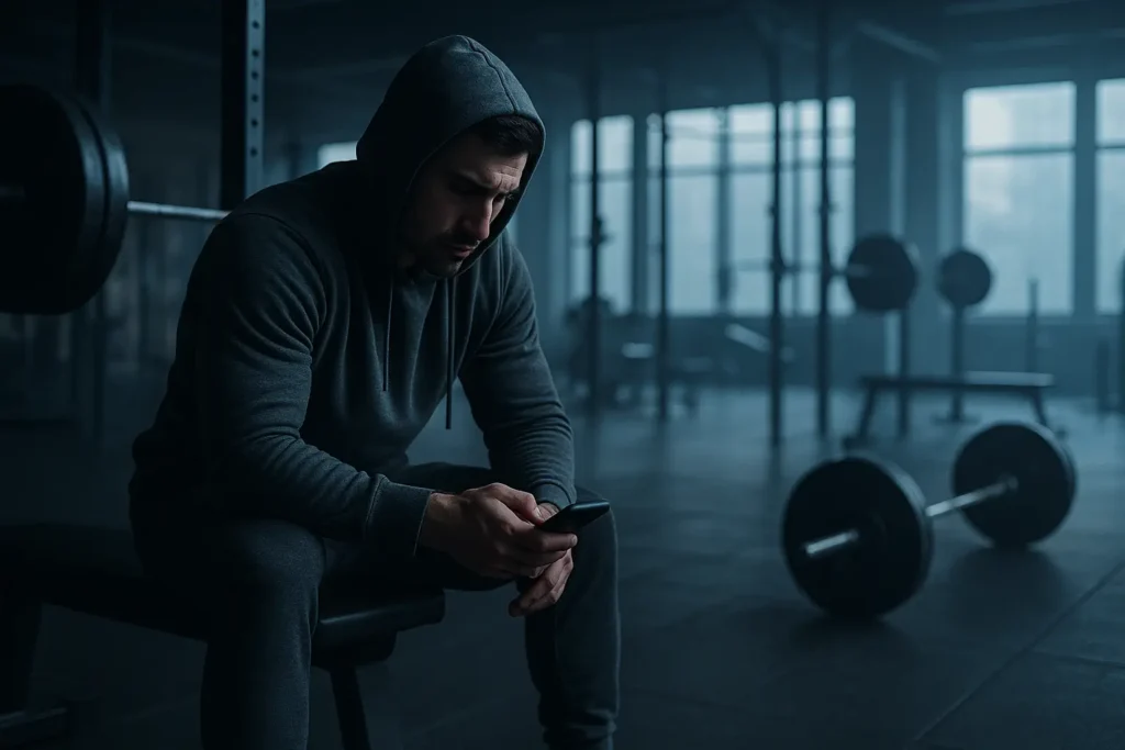 Why Men Quit the Gym. A muscular man sitting on a gym bench gazing at his phone in the quiet morning light, symbolizing fading motivation and discipline loss.