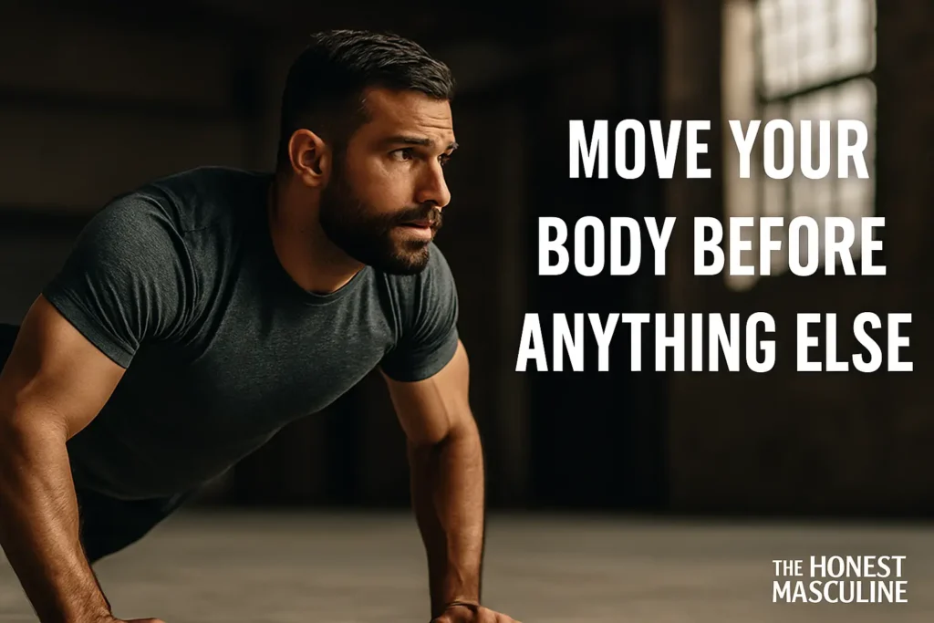 A muscular man doing push-ups in a gym with sharp focus, symbolizing movement before screens in a masculine morning rule.