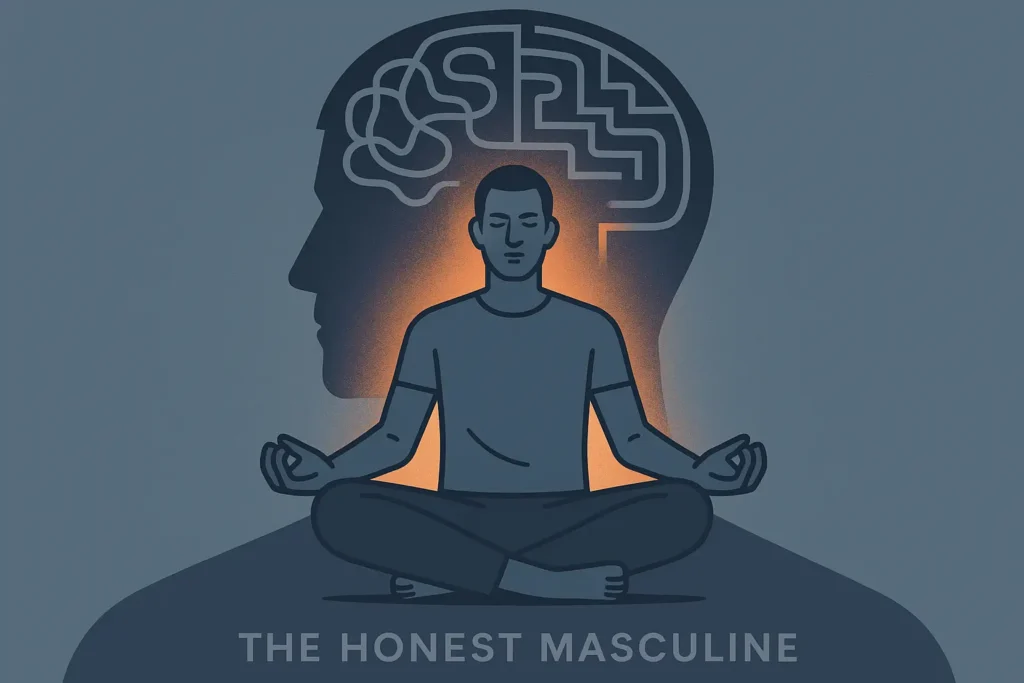 Comfort Is Killing Your Potential. Man meditating within a maze-like mind that’s straightening out, symbolizing reprogramming the mind to embrace discomfort.