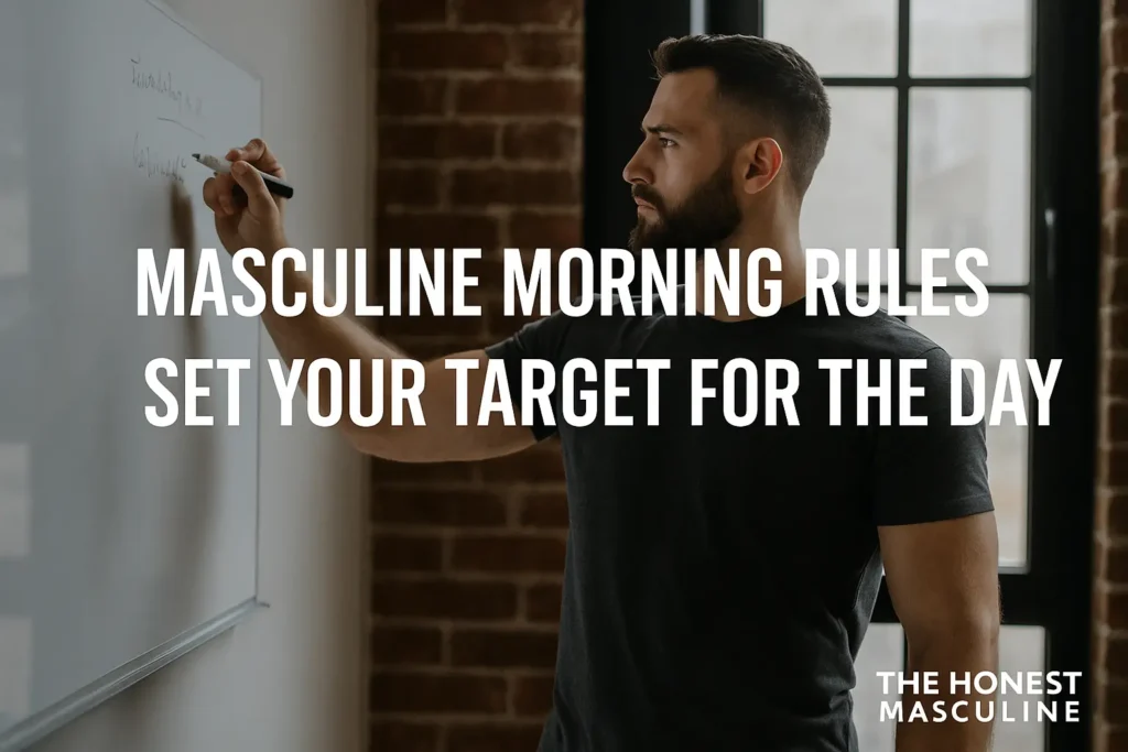 A muscular man writing his daily goal on a whiteboard in a sunlit industrial room, symbolizing clarity and focus as part of masculine morning rules.
