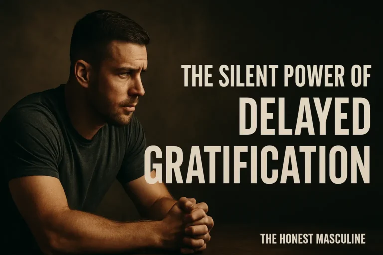 A strong man in deep focus with clasped hands in moody lighting, symbolizing the masculine strength of delayed gratification.