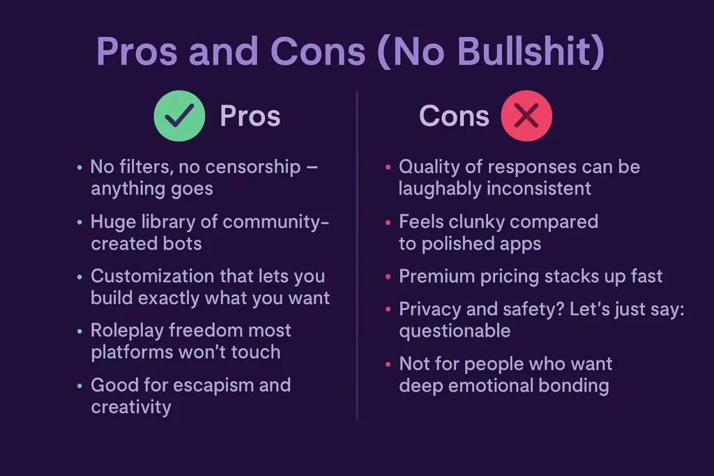 Infographic showing pros and cons of SpicyChat.AI — highlighting benefits like freedom and customization alongside flaws like inconsistency and privacy issues.