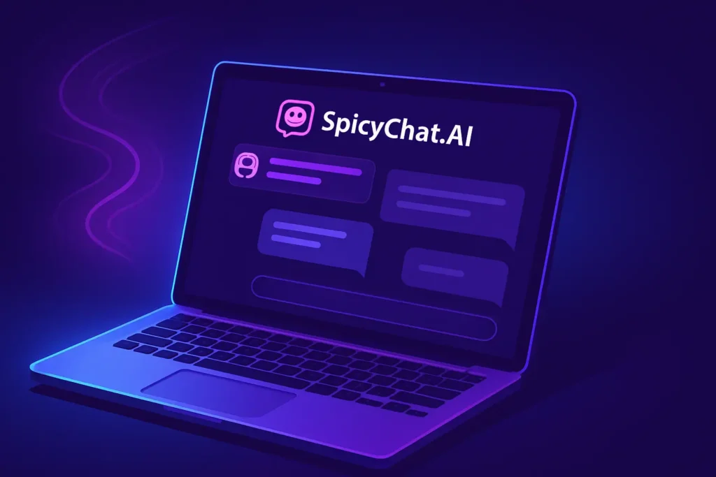 Laptop screen showing SpicyChat.AI review interface glowing in purple and blue neon light — representing uncensored AI roleplay platform for adults