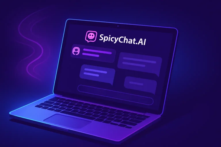 Laptop screen showing SpicyChat.AI review interface glowing in purple and blue neon light — representing uncensored AI roleplay platform for adults