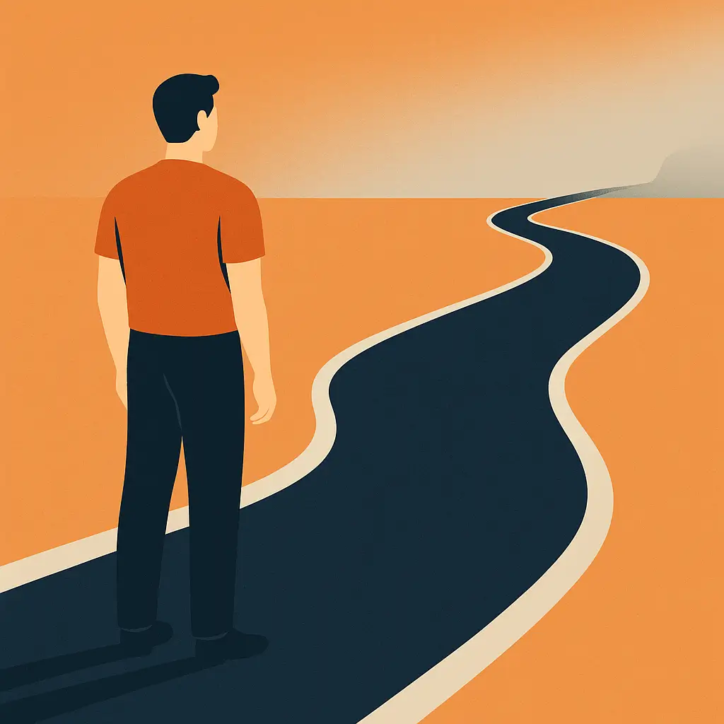 Why Most Men Never Finish Anything They Start. A man standing at the start of a winding road that stretches into a hazy horizon, symbolizing the excitement and temptation of starting new things but never finishing them. Minimalist vector art with warm orange and dark blue tones.