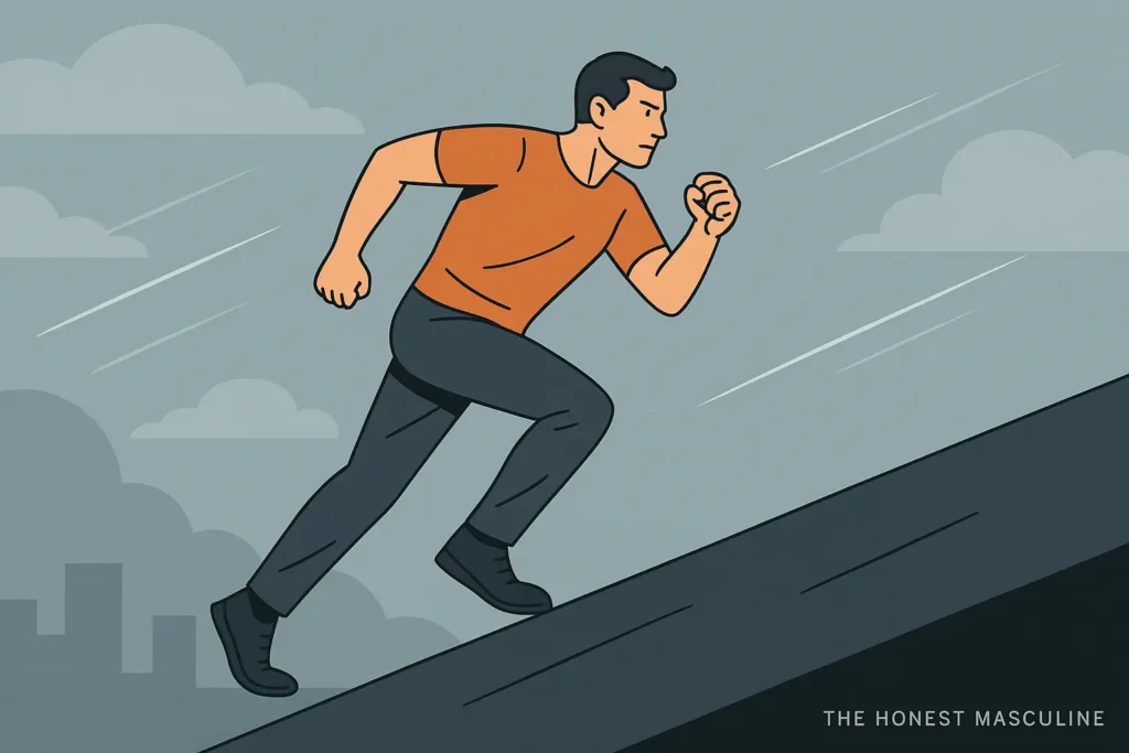 The Art of Doing Hard Things Every Day. Man running uphill against strong wind, symbolizing masculine discipline and the power of doing hard things every day.