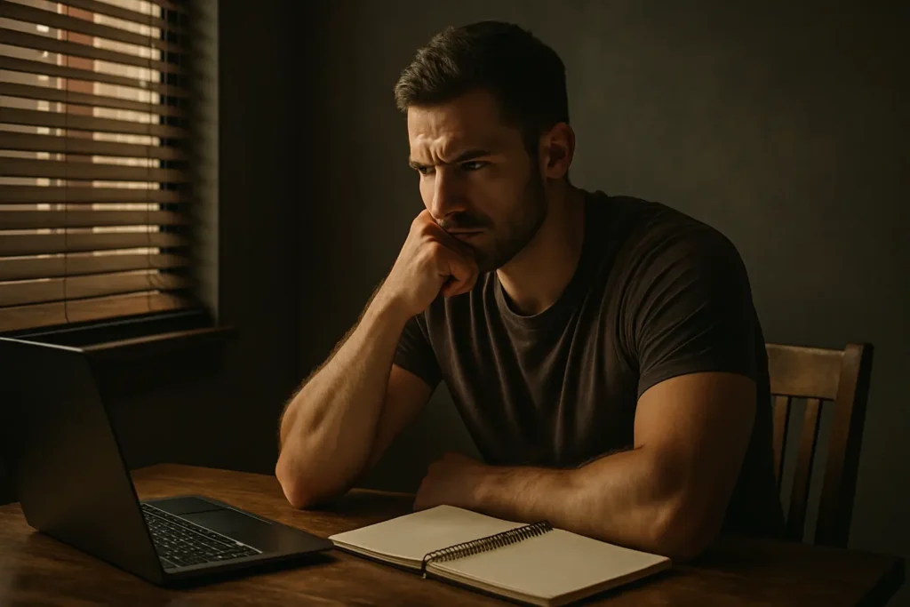 A man staring at his reflection in a dark mirror with morning light cutting through blinds, symbolizing fear and self-avoidance behind procrastination.
