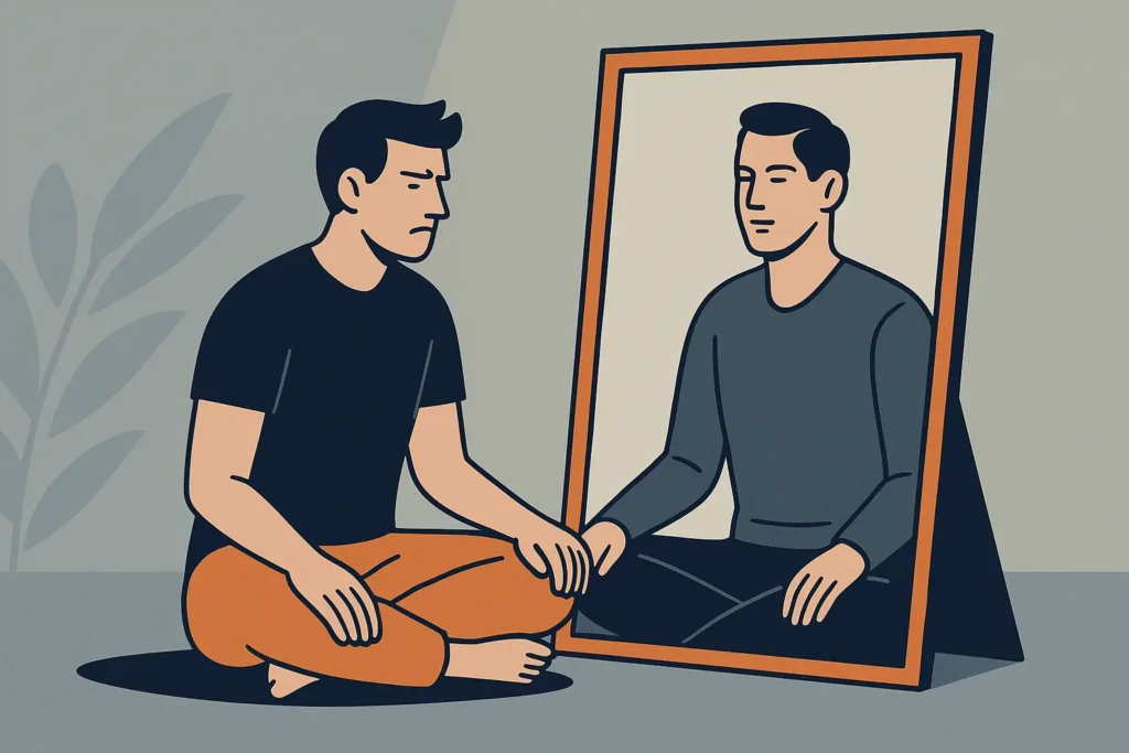 How to Become Mentally Indestructible. Man sitting cross-legged and facing his calm reflection in a mirror, symbolizing emotional discipline, self-awareness, and masculine control over emotion.