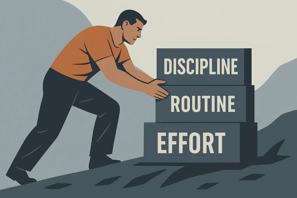The Art of Doing Hard Things Every Day. Man stacking heavy blocks into a staircase labeled discipline, routine, and effort, symbolizing building daily structure through hard work.