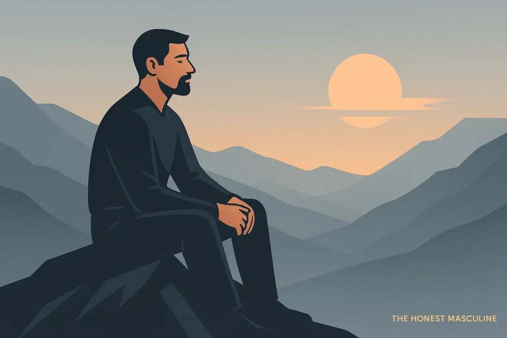 The Discipline of Silence. Man sitting calmly on a mountain peak at sunrise, symbolizing masculine discipline, silence, and inner control.