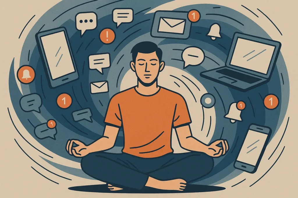 Man meditating calmly surrounded by glowing screens, symbolizing control and focus amidst The Distraction Disease.