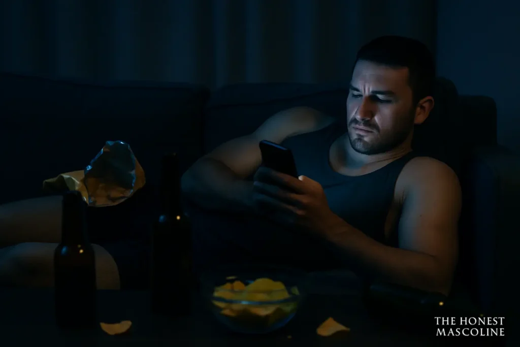 Dopamine Discipline. A muscular man lying on a couch at night, face lit by the blue glow of his phone, surrounded by clutter, symbolizing overstimulation and the weakness caused by cheap pleasure.