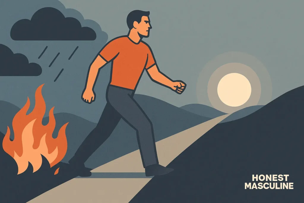 The Art of Doing Hard Things Every Day. Man walking through a storm toward a distant light, symbolizing the masculine purpose of hardship and strength forged through struggle.