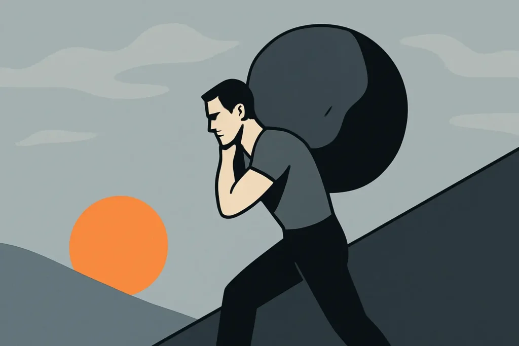 pain. Man carrying a boulder up a hill toward a rising sun, symbolizing masculine endurance and strength through suffering.