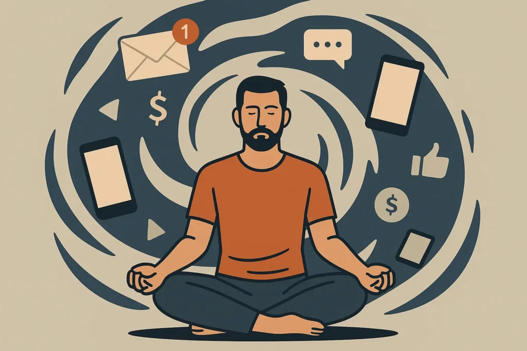 Man meditating calmly in the center of swirling digital icons and notifications, symbolizing masculine focus and control in the modern battle for attention.