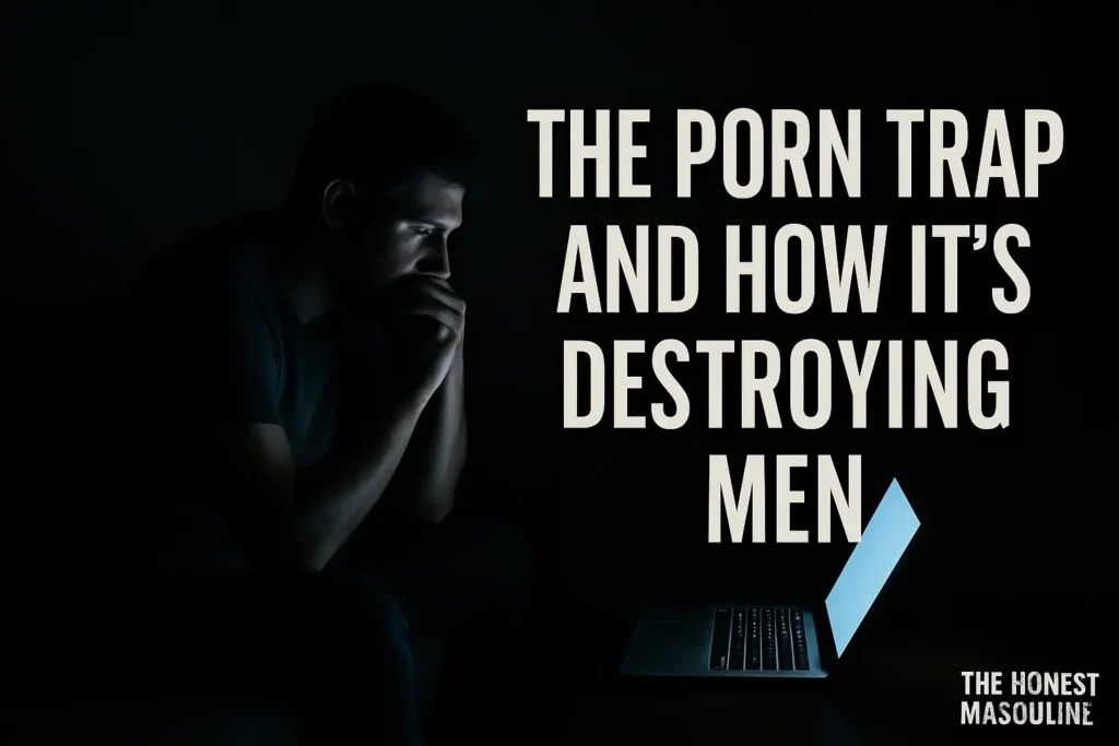 A man sitting alone in a dark room lit only by his laptop, with bold overlay text ‘The Porn Trap and How It’s Destroying Men,’ symbolizing addiction draining masculinity.